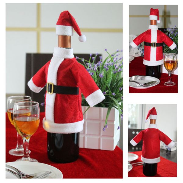 Christmas Santa Bottle Covet Suit Hat Wine Bottle Wrap Cover Wine Packing Topper Pouch Bag,2pcs Set