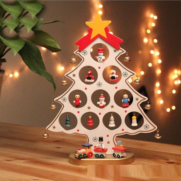 DIY Cartoon Wooden Christmas Tree Decoration Christmas Gift Party Ornament Table Desk Decoration Green-Red-White