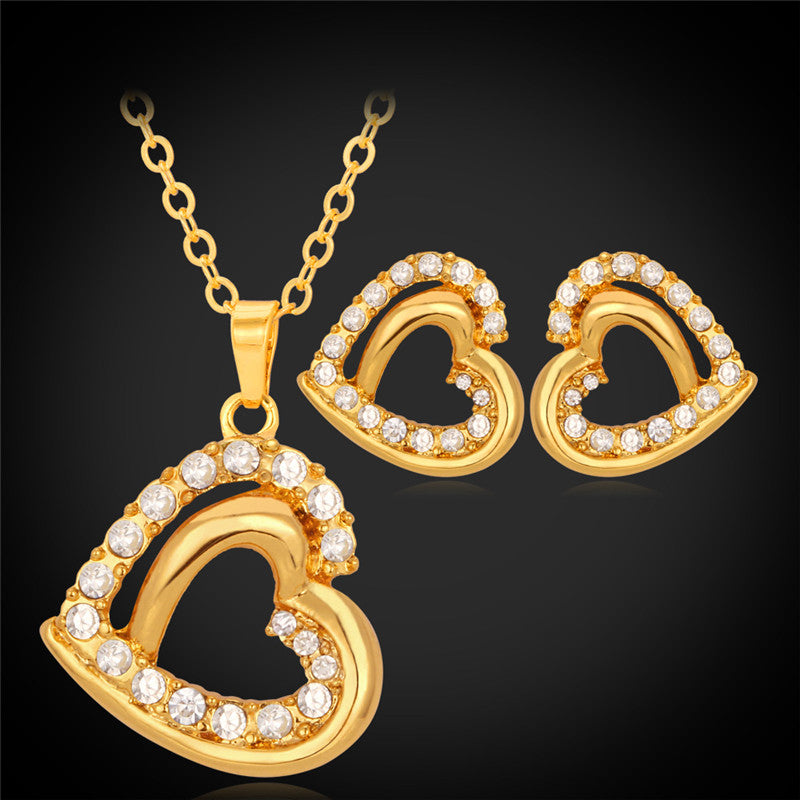 New 18K Real Gold Plated Heart Pendants Necklaces Stud Earrings Choker Necklace Jewelry Sets Rhinestone Luxury