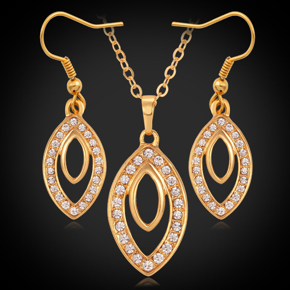 New Trendy 18K Real Gold Plated Women&#039;s Pendant Necklace Dangle Earrings Jewelry Sets Rhinestone Crystal Jewellery