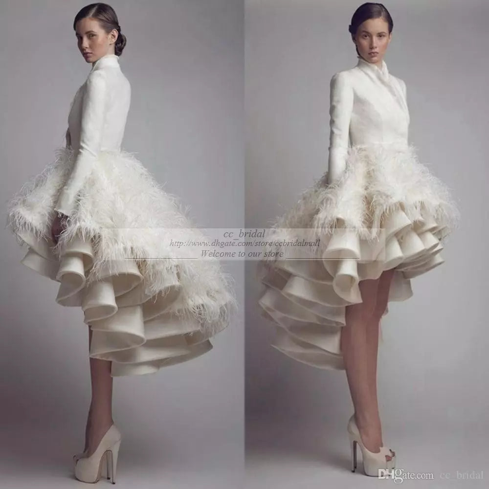Designer Krikor Jabotian A E Dresses Collar Ruffle Feather High Low Bridal Gowns Satin Long Sleeve Plus Size Wedding Dress 0920