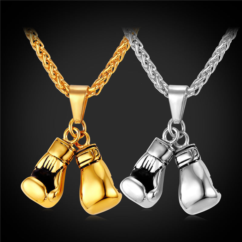 New Men Necklace Fitness Fashion Stainless Steel Workout Jewelry Gold Plated Pair Boxing Glove Charm Pendant
