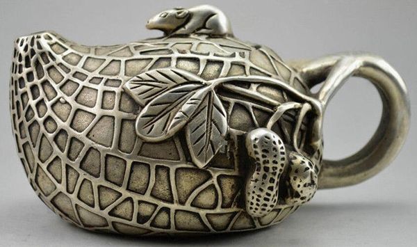 Collectible Decorated Old Handwork Miao Silver Carved Rich Peanut Mice Tea Pot