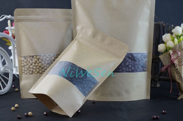 Whole 12x20cm 100pcs-lot X Standing Kraft paper bag with matte Clear window ziplock bag-resealable pack coconut-cocoa bean storage sack