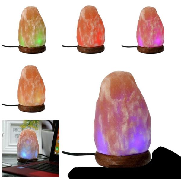 Glow Night Lights Hand Carved Natural Crystal Himalayan Salt Lamp With Genuine Neem Wood Base, multicolor LED Bulb and USB Plug