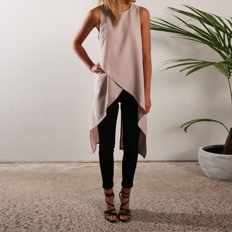 Plus Size Fashion Summer 2017 Women Sleeveless Asymmetric Hem O Neck Long Top Solid Chiffon Style Blouses Blusas Feminin