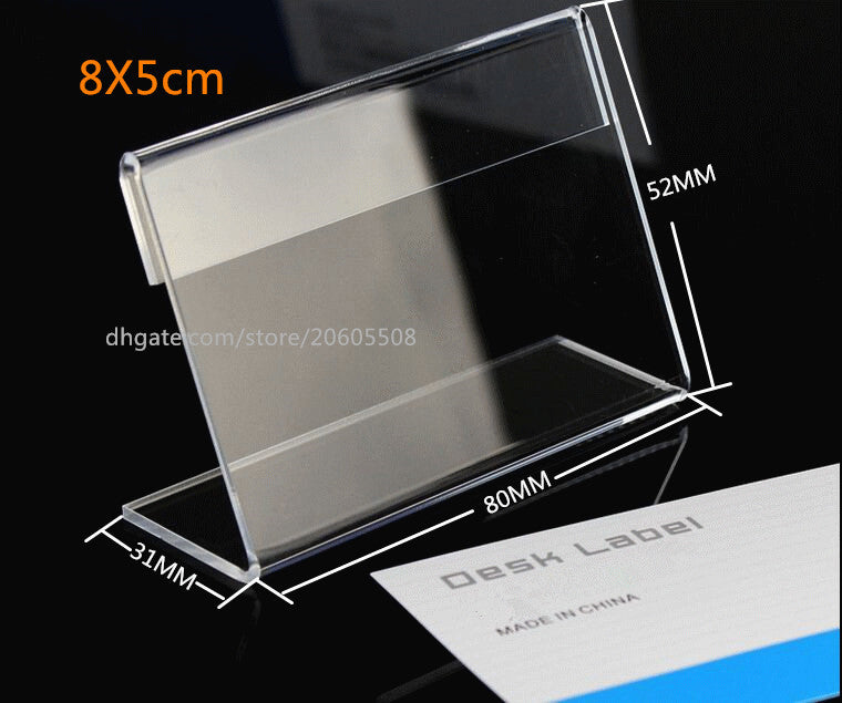 20pcs Free shipping 8*5cm Acrylic Table Sign Price Tag Label Display Paper Promotion Card Holders L-type Stand desk label display holder