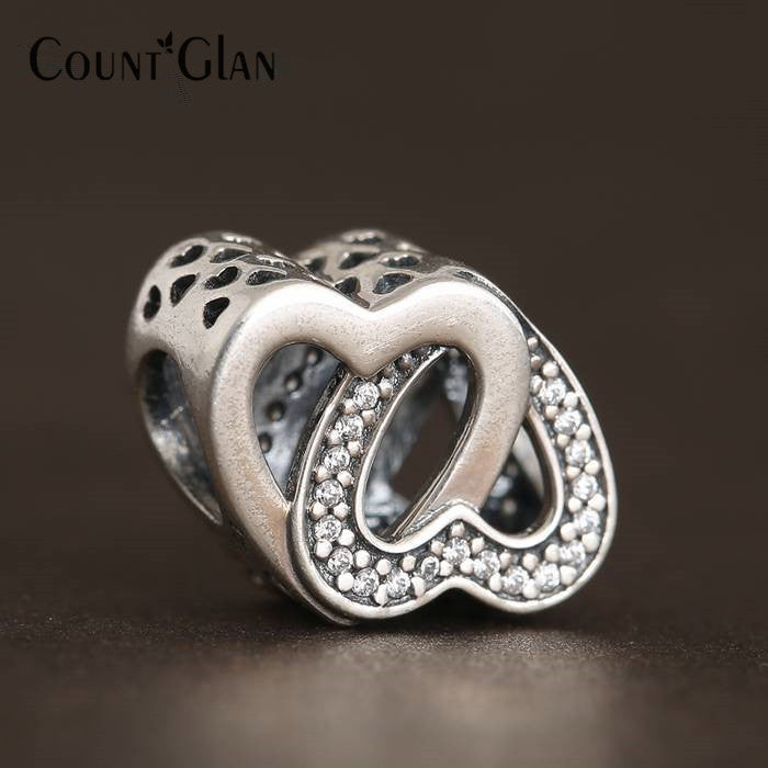 925-Sterling-Silver Clear CZ Entwined Love Heart Charms 2016 Mother&#039;s Day Gift Interlocked Hearts Bead For Jewelry Making DIY