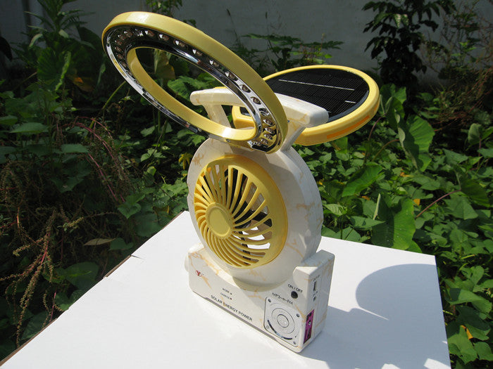 Desktop Small Solar Fan Light with lithium rechargeable battery, Radio Player, Digital Audio Player, Spot light, and Desk Lamp
