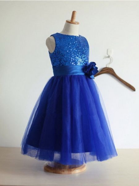 2020 A-Line Royal Blue Glitter Sequin Flower Girl Dress With Handmade Flower Blue Little Girls Party Sequin Dress Tulle Skirt