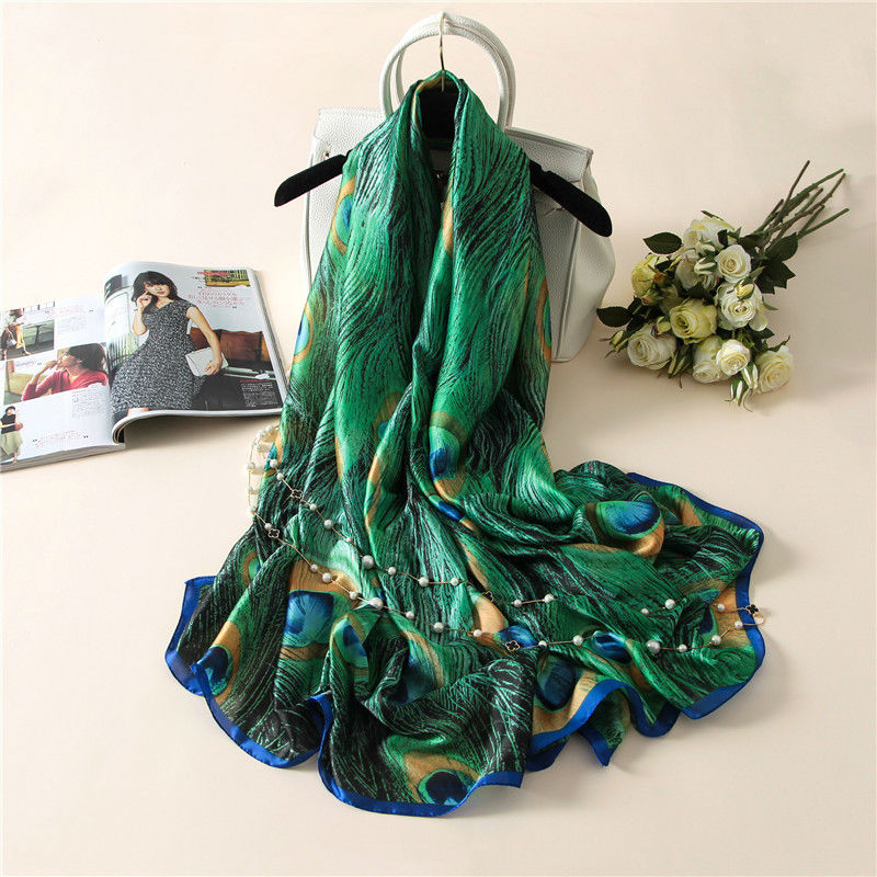 New Silk Scarfs Women Lurxury Brand Print Peacock Feathers Silk Foulard Scarf shawl wraps accessories 2017