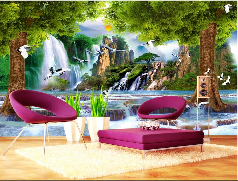 3d wallpaper custom photo Non-woven mural Mountain waterfall tree crane decor painting picture 3d wall muals wall paper for walls 3 d