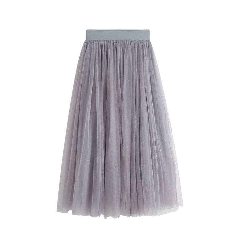 New Summer Tulle Skirts Womens Black Gray White Adult Tulle Skirt Elastic High Waist Pleated Midi Skirt