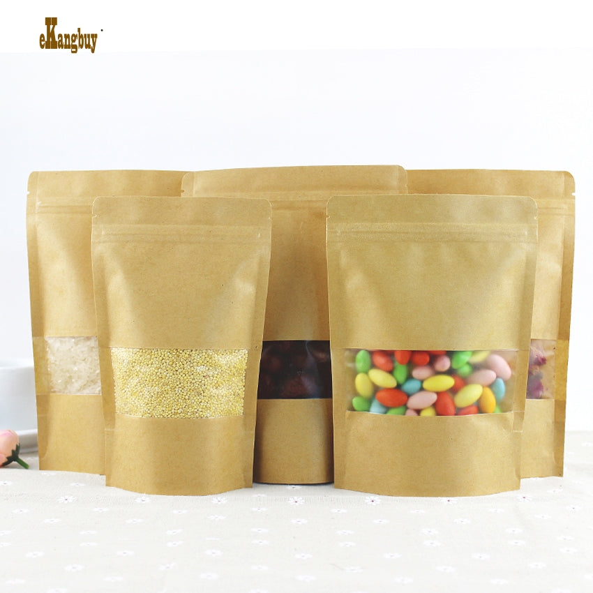 big 50pcs-lot big 4sizes Kraft Paper packaging bag frosted windows stand up Zipper packing bags zip lock retailer package seal