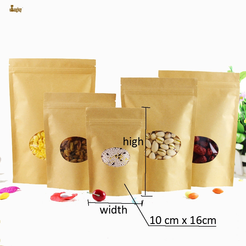100pcs-lot 8 sizes Kraft Paper Packaging bag Transparant round windows Stand Up Zipper Packing Bags Zip Lock Retailer Package