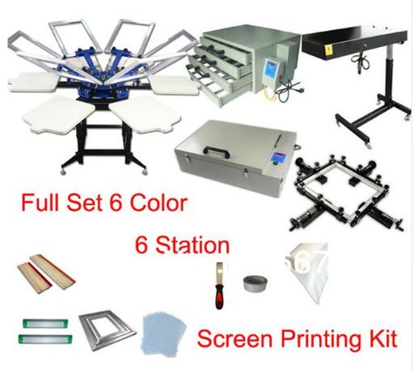 DISCOUNT Full Set Manual 6 Color 6 Station t-shirt Screen Printing Kit Press Printer Machine Flash Dryer UV Expsoure Stretcher