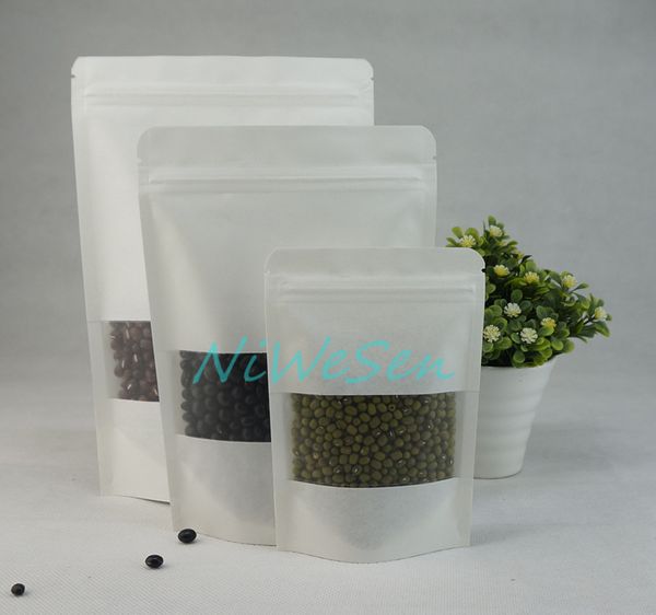 9x13+3cm 100pcs-lot stand up white kraft paper bag with matte clear window-pack melon seeds-coffee bean paper pouch zipper lock