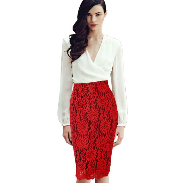 New Womens Elegant Floral Lace High Waist Elastic Wear to Work Office Party Casual Bodycon Fitted Pencil Skirt