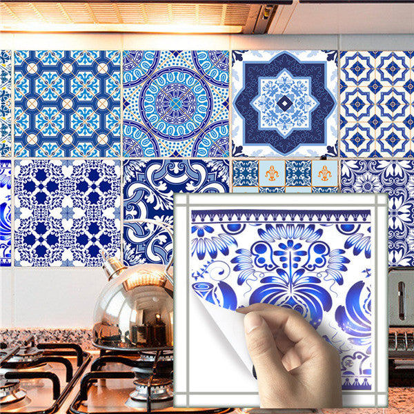 10pcs set classical blue white kitchen oil proof wall ceramic tile stickers home decor decal art accessories decorations supplies items
