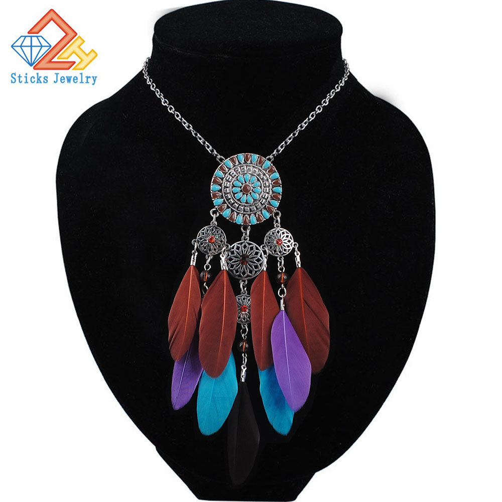 2019 women bohemian necklace&pendants black feather statement choker necklace antique tribal ethnic