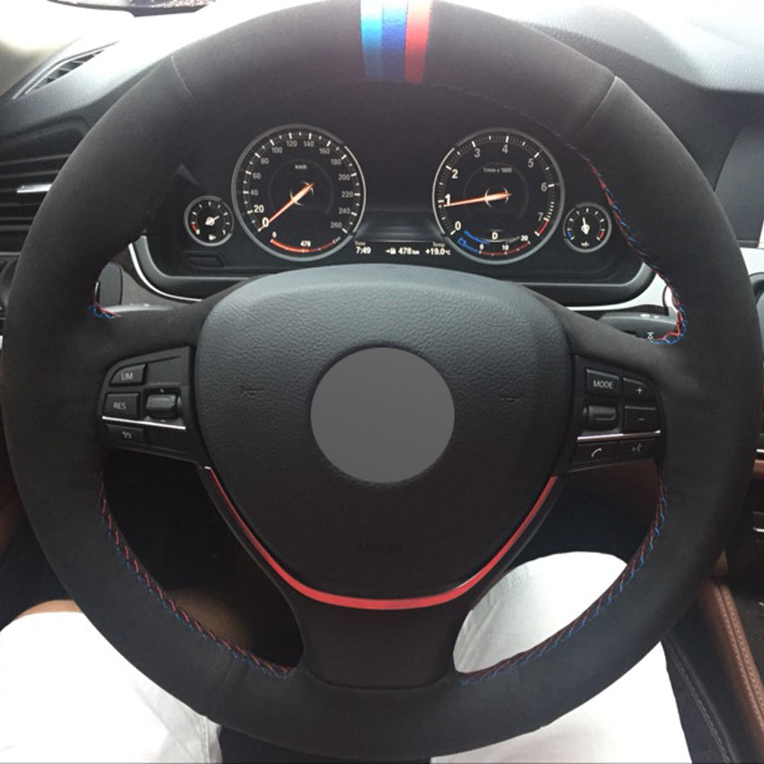 Black Suede DIY Hand-stitched Car Steering Wheel Cover for BMW F10 2014