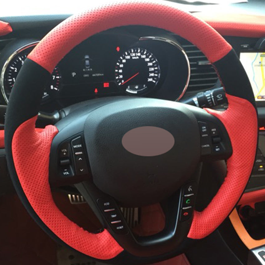 Red Genuine Leather Black Suede DIY Hand-stitched Car Steering Wheel Cover for Kia K5 2011-2013 Kia Optima
