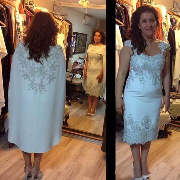 Vintage 2016 Scoop Satin Sheath Tea Length Mother Of The Bride Dresses With Wraps Cheap Lace Applique Beaded Mother Groom Dress EN11179
