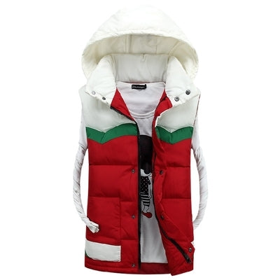 Fall-Sleeveless Hoodie Vest Green Winter Stylish Waistcoat Men Casual Down Cotton Padded Spliced Colors Blue Red Yellow Black XXXL
