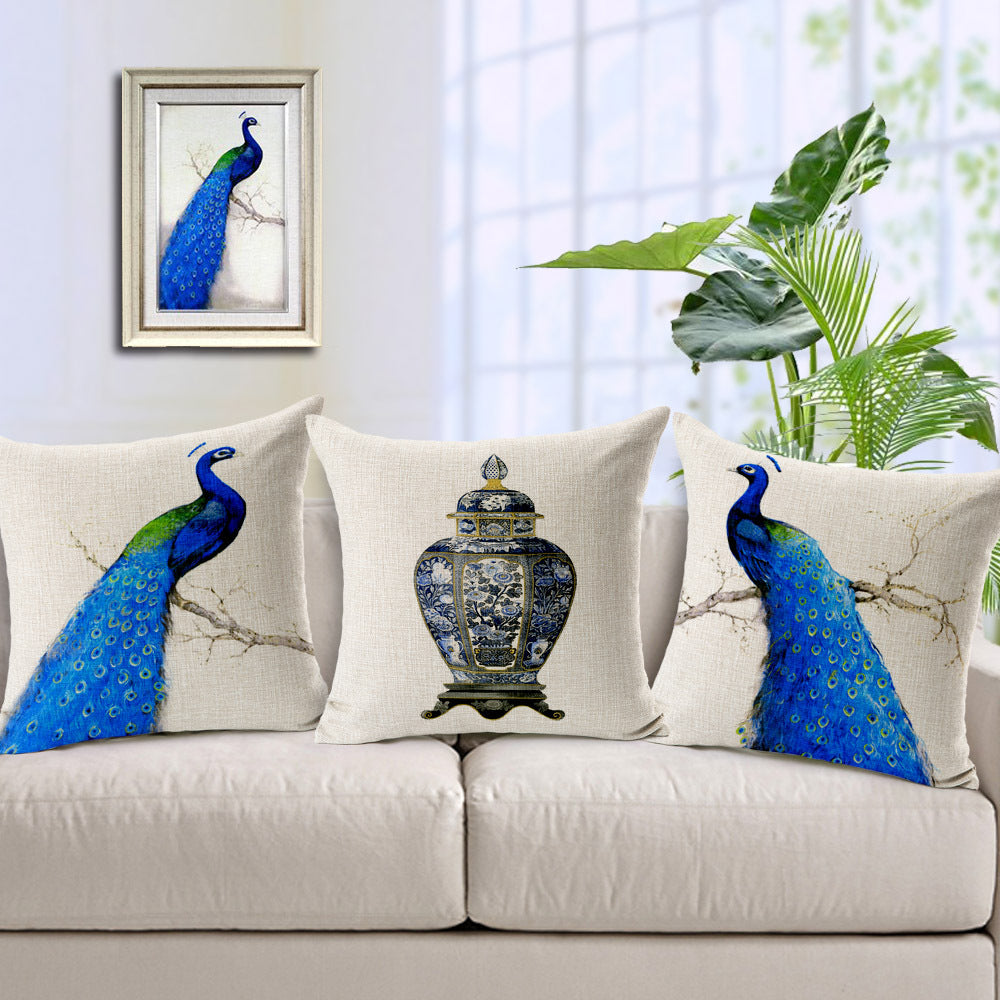 Peacock Cushion Cover Nordic Style Square Linen Peacock Pillow Cover Office Sofa Car Decor Throw Pillow Case
