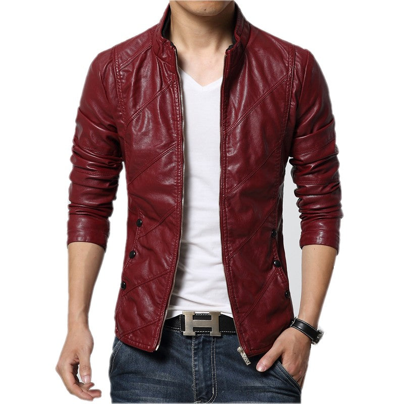 New Fashion PU Leather Jacket Men Black Red Brown Solid Mens Faux Fur Coats Trend Slim Fit Youth Motorcycle Suede Jacket Male