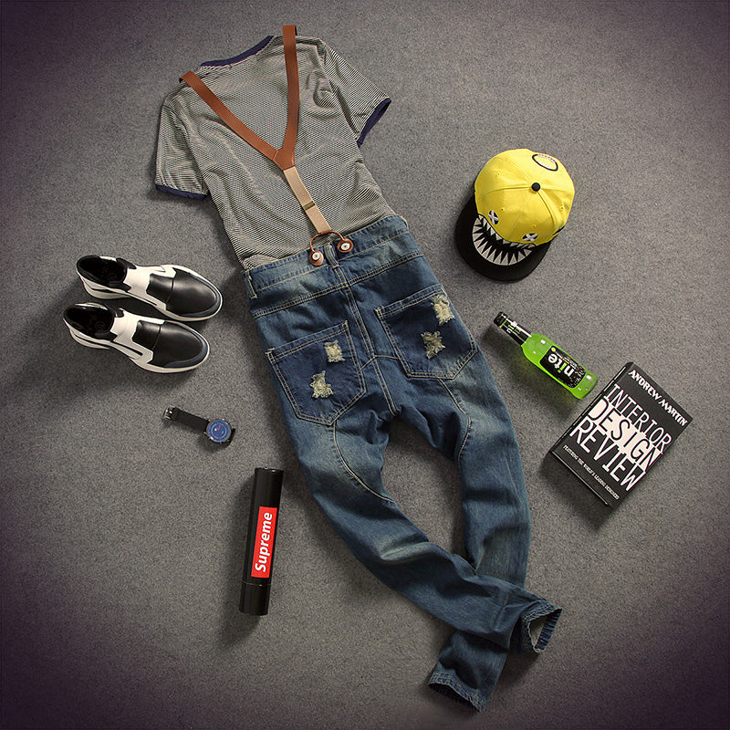 Mens Distressed Jeans Ripped Jumpsuit Denim Overalls Men Baggy Cargo Pants With Suspenders Bib For K121