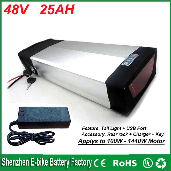 2017 new style lithium ion 48v 1000w electric bike battery with 5V USB 48v 25ah rear rack battery For Samsung cell