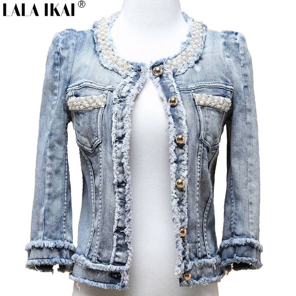Wholesale- Women Pearl Jacket Distressed Short Denim Coat Fringe Jeans Women&#039;s Jacket Beading Denim Jackets Outerwear TOP354 -5