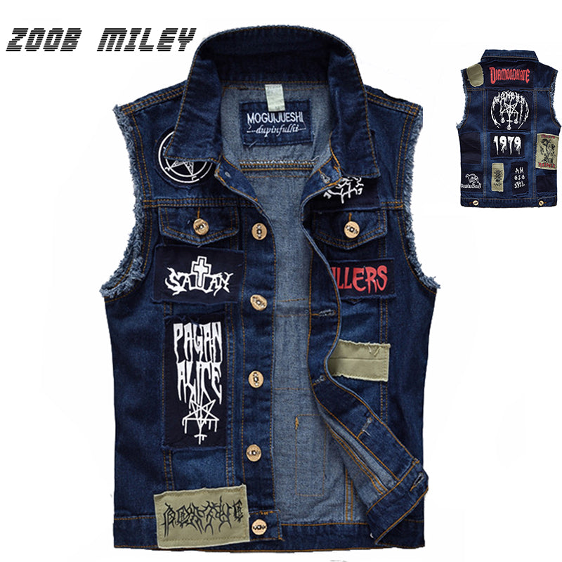 Wholesale- Classic Vintage Men&#039;s Jeans Vest Sleeveless Jackets Fashion Patch Designs Punk Rock Style Ripped Cowboy Frayed Denim Vest Tanks