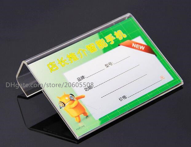 Free shipping Clear Acrylic L Shape Table Sign Price Tag Label Display Stand Paper Promotion name Card desk frame label display holder 10pcs