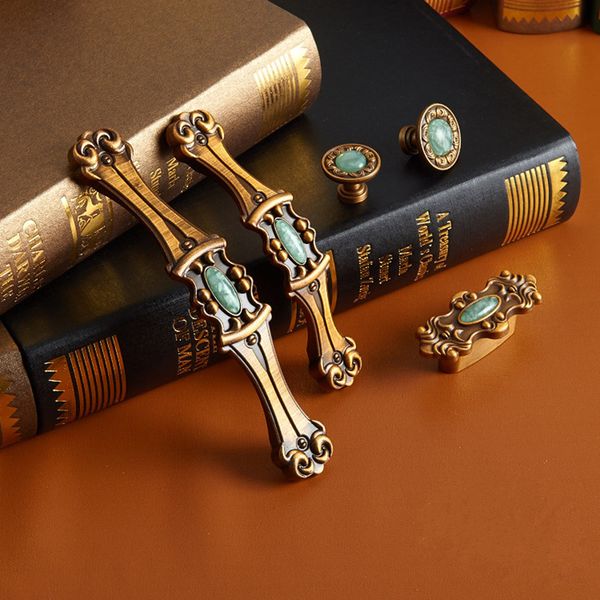 96mm 128mm European style retro urniture handles green jade kithcen cabinet wine cabinet drawer bronze pulls knobs