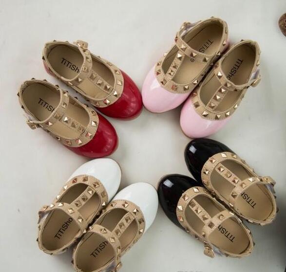 4 color Spring Girls Leather Shoes Autumn Child Girl PU Glitter Rivet Princess Magic Tape Soft Sole 21-36 Flats White-Black-Pink-Red