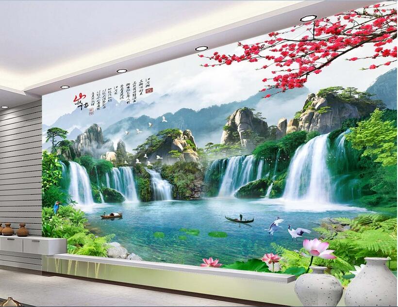 3d wallpaper custom photo Non-woven mural Mountain waterfall lake boat decor painting picture 3d wall muals wall paper for walls 3 d