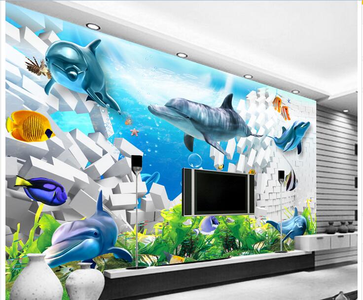 3d wallpaper custom photo Non-woven mural Seafood Dolphin Fish Brick Wall room decor painting picture 3d wall muals wall paper for walls 3 d