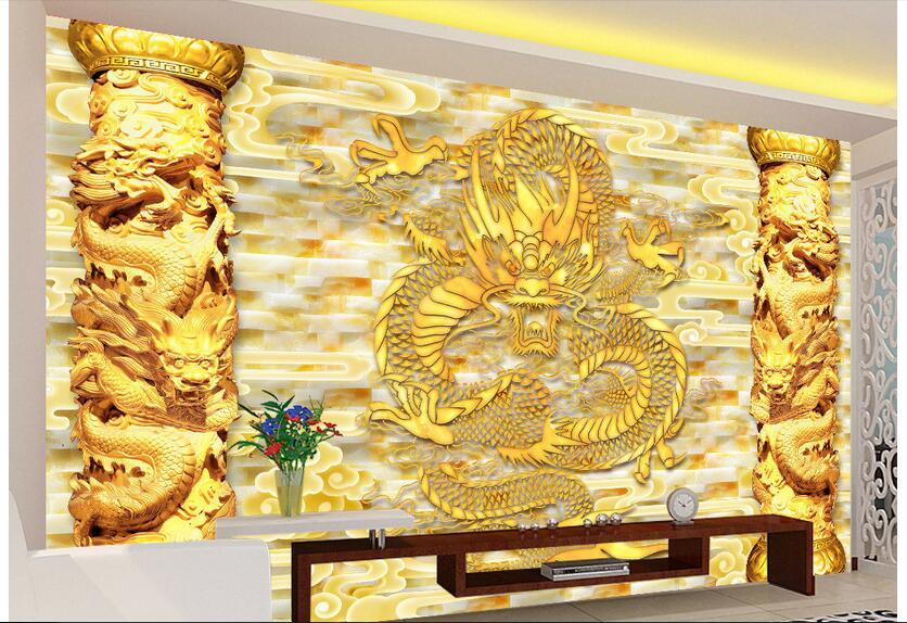 3d wallpaper custom photo Non-woven mural Golden China Dragon Relief column decor painting picture 3d wall muals wall paper for walls 3 d