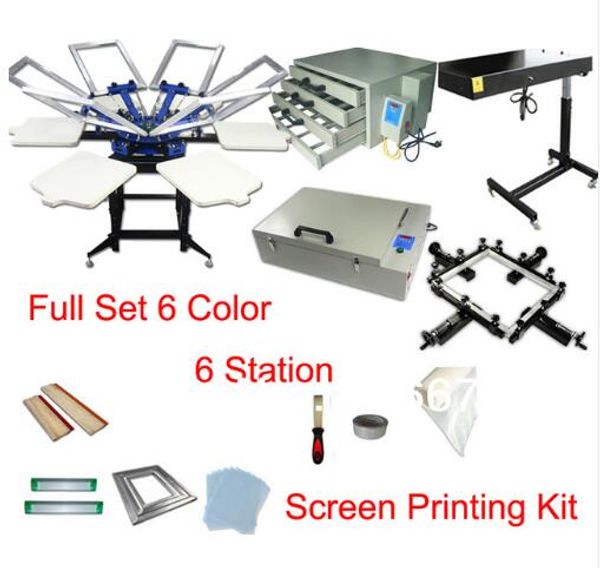DISCOUNT Full Set Manual 6 Color 6 Station t-shirt Screen Printing Kit Press Printer Machine Flash Dryer UV Expsoure Stret