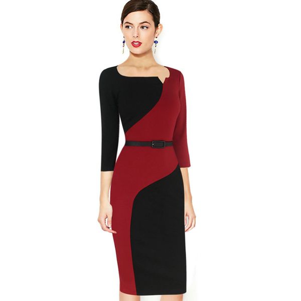 Lcw New Design Womens Elegant Vintage Contrast Colorblock Slim Belted Patchwork Casual Wear To Work Office Pencil Sheath Dress