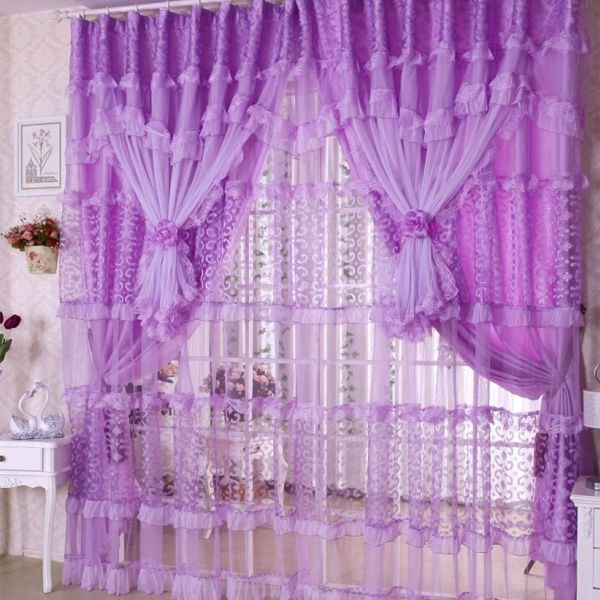 Handmade Lace Curtain for Girls Room Pink-purple Lace Sheer Curtains for Children Bedroom 3 Layers