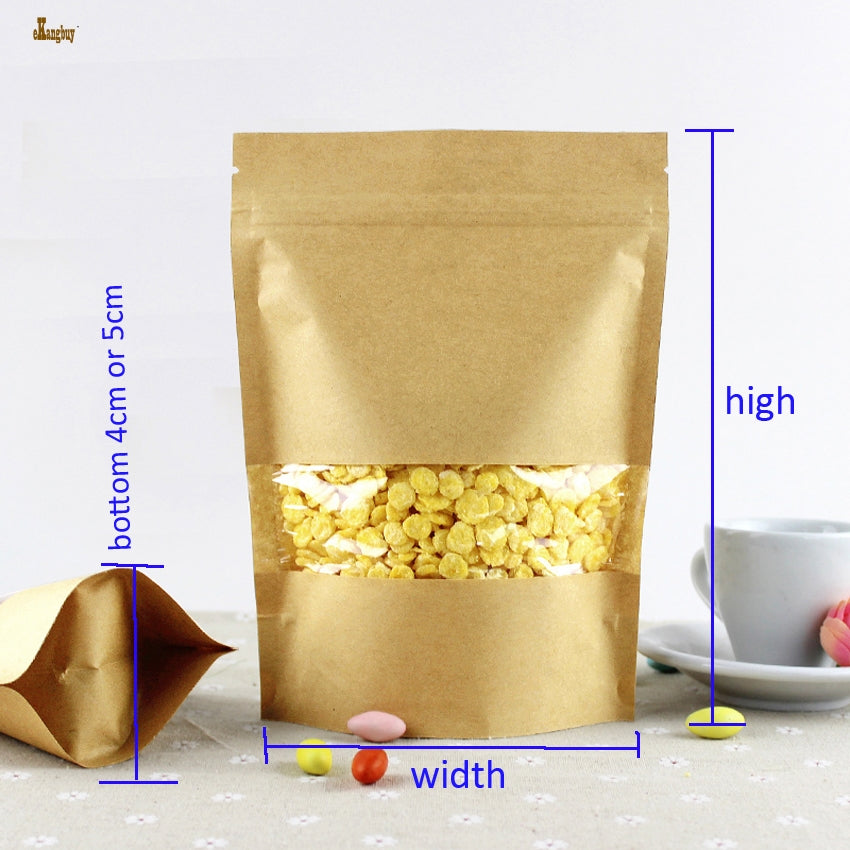50pcs-lot big 4sizes Kraft Paper packaging bag transparant windows stand up Zipper packing bags zip lock retailer package