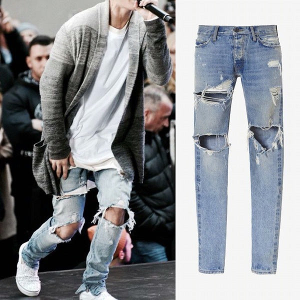 Men Jeans ripped bottom zipper skinny straight big hole fashion jean high streetwwear denim pants high quality wholesale