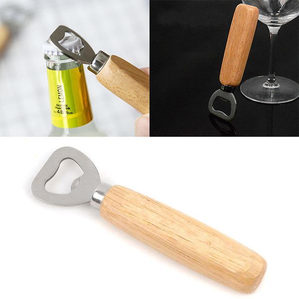 Kitchen Bottle Opener Tools Stainless Steel Wooden Handle Beer Openers Bar Tools Soda Beer Bottle Cap Opener Gifts WX-C29