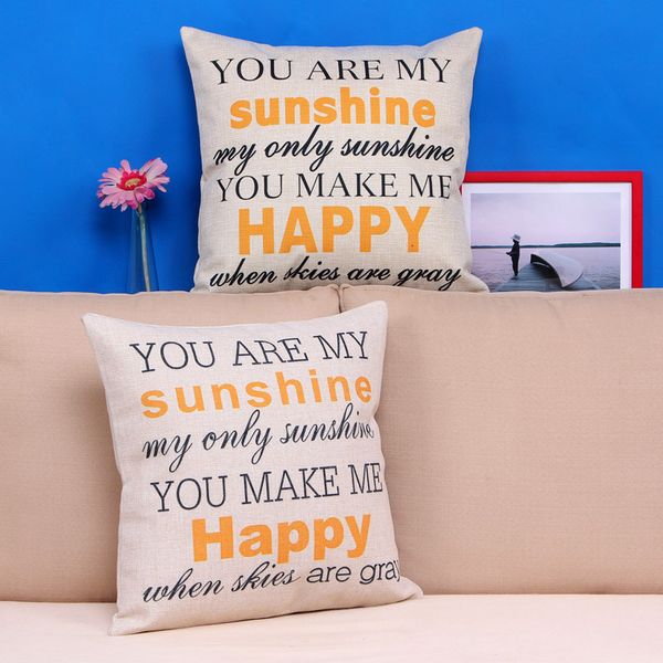 Wholesale-Low Price &quot;You are my Sunshine &quot;Cotton Linen Leaning Cushion Throw Pillow Case Good Design 45*45 cm