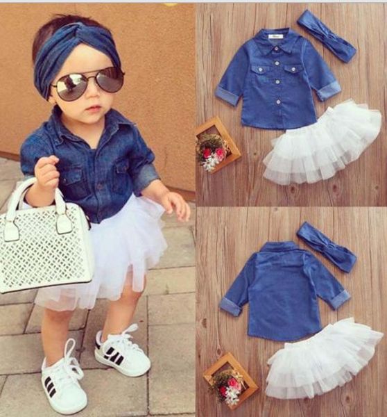 Baby Girl Denim Fashion Set Clothing Children Long Sleeve Shirts Top+Shorts Skirt+Bow Headband 3PCS Outfits Kid Tracksuit&Vcy;gucCIIsm&acy;1