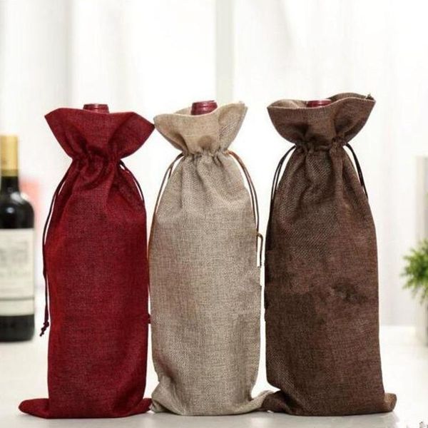 New Jute Wine Bags Champagne Wine Bottle Covers Gift Pouch burlap Packaging bag Wedding Party Decoration Wine Bags Drawstring cover fast