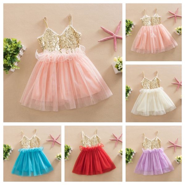 Wholesale- Sweet Kids Girls Tutu Sequins Dress Sundress Multi Candy Color Princess Party Dress Halter V Neck Dress